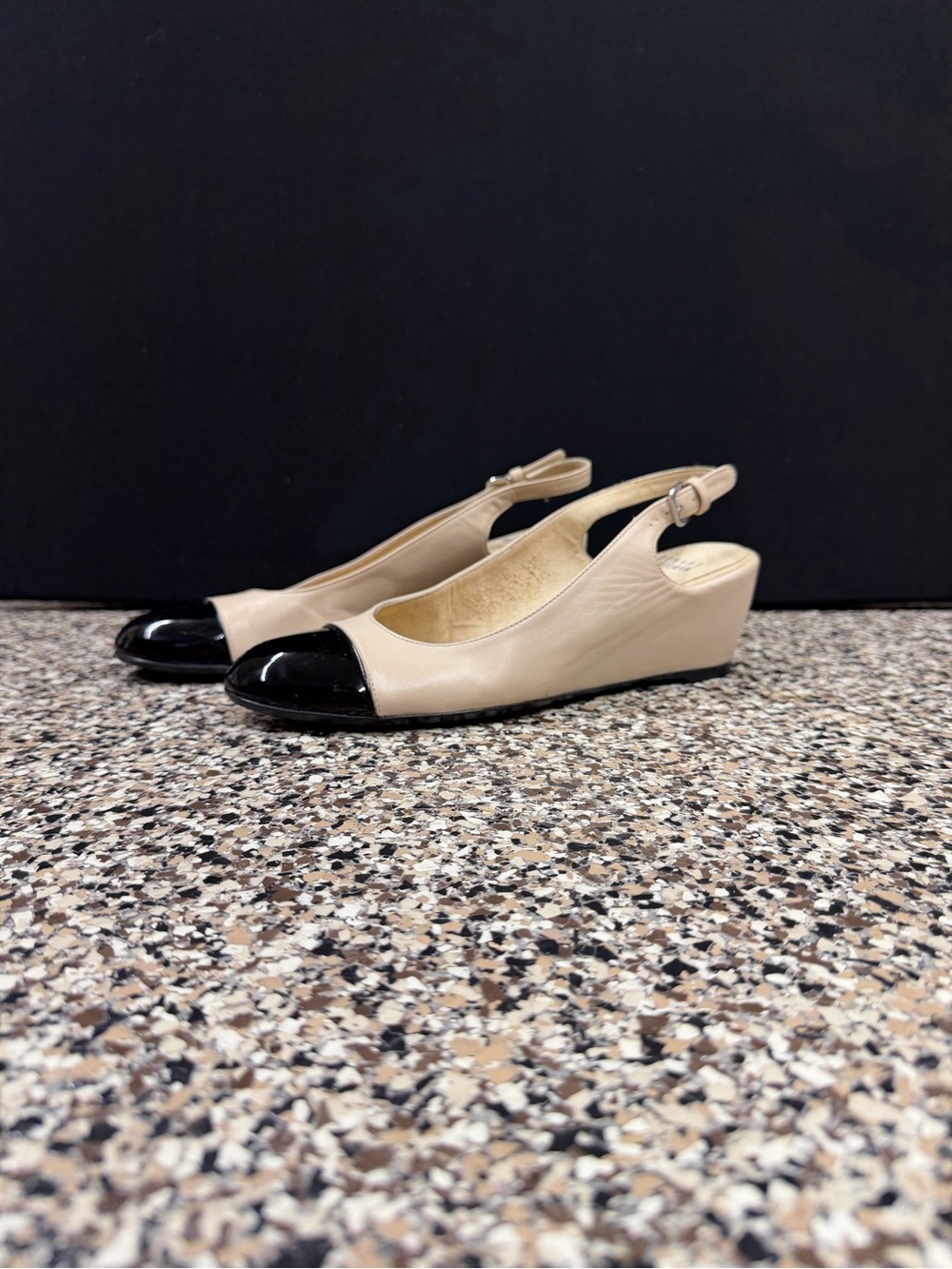 Stuart Weitzman Beige Wedge Slingbacks with Black Cap Toe Like New
